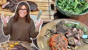How to Make Beef Steaks with Za'atar Dressing, Roasted Tomatoes and Eggplant, Greens with Olive O…